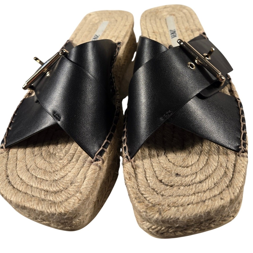 Zara Black Faux Leather Platform Espadrille Buckle Slides Sandals 3309/910/04037